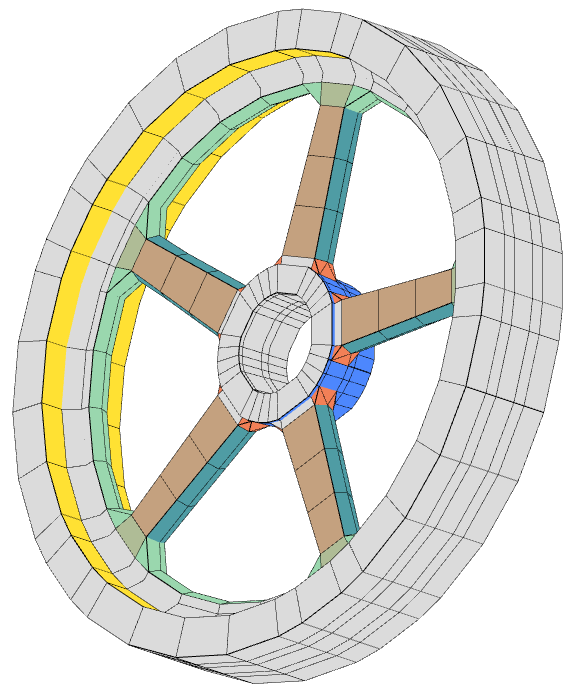 Design regions of a pulley. Each design region allows for expansion or contraction during the shape optimization.