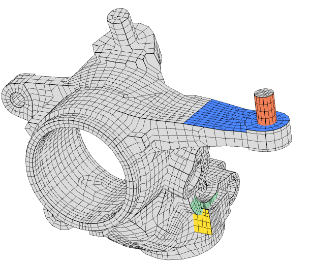 Design regions of an automotive steering knuckle. Each design region allows for expansion or contraction during the shape optimization.