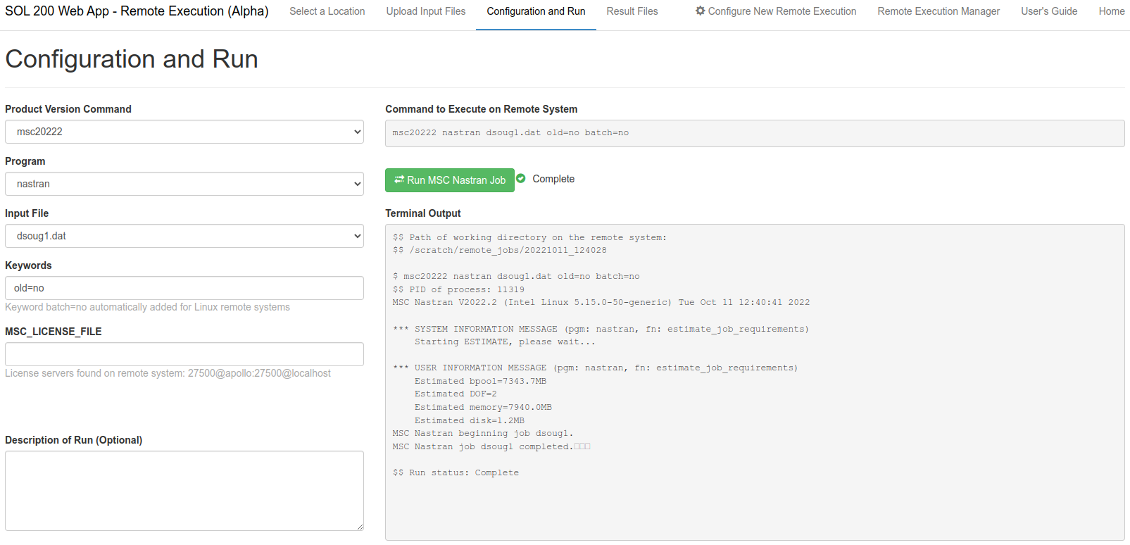 A web browser is used to upload BDF files to a remote system and run MSC Nastran.