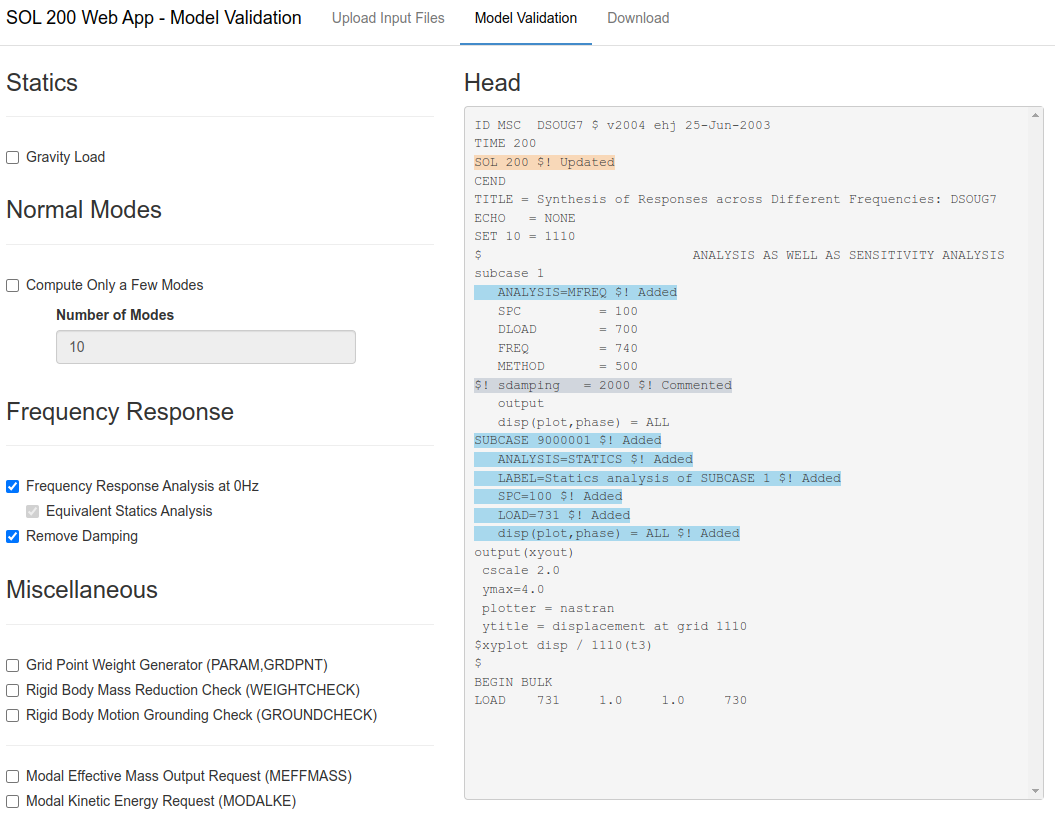 Validation checkboxes in the Model Validation web app